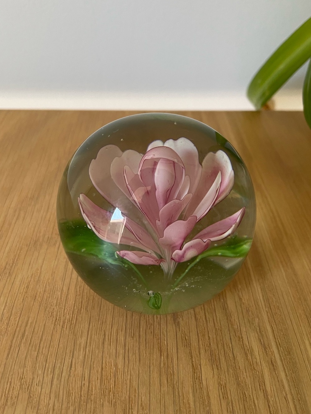 Vintage Art Glass Pink Floral Paperweight